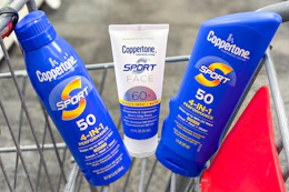 three coppertone sunscreens in a shopping cart