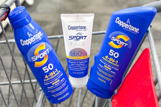 three coppertone sunscreens in a shopping cart