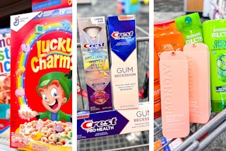 collage image of cereal, crest toothpaste, and shampoo