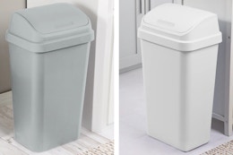 2 lifestyle images  of Sterilite Trash Cans (13 gal) gray & white