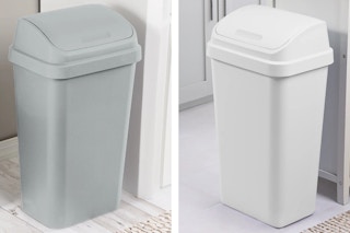2 lifestyle images  of Sterilite Trash Cans (13 gal) gray & white