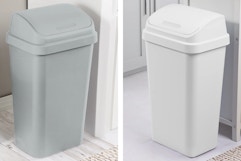 2 lifestyle images of Sterilite Trash Cans (13 gal) gray & white