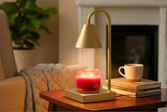 Lifestyle image of a gold Mainstays candle lamp in home setting
