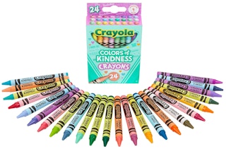 Crayons spread out in front of the packaging