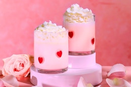 Lifestyle image of Thyme and Table Valentine's Day Drinking Glass Set with roses in the background