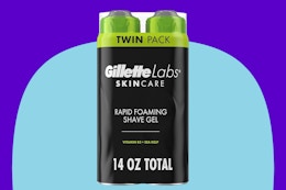 GilletteLabs Rapid Foaming Shave Gel on a blue background.