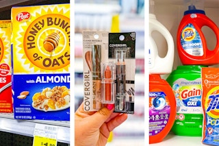 collage image of cereal, makeup, and laundry products