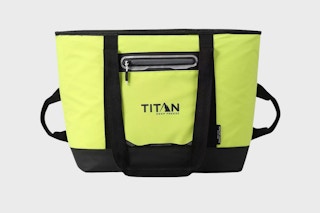 A neon yellow cooler tote on a gray background