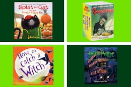 Fall and Halloween books in a green collage