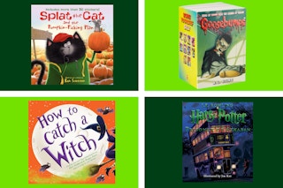 Fall and Halloween books in a green collage