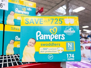pampers swaddlers diapers on a shelf