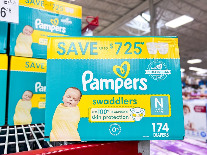 pampers swaddlers diapers on a shelf