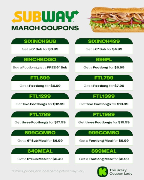 Subway Code November Subway Coupons: How To Save at Subway in March 2025 - The Krazy Coupon Lady