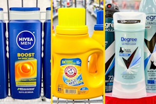 collage with nivea body wash, arm and hammer detergent, and degree dedorant