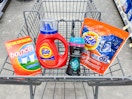 tide, bounce, and downy products in a walgreens cart