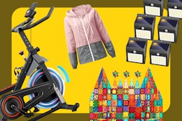 exercise bike, women's color block rain jacket, solar lights, and magnetic tile toys