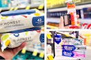 collage image of honest wipes, maybelline makeup, and crest toothpaste