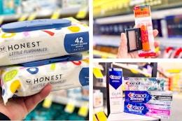 collage image of honest wipes, maybelline makeup, and crest toothpaste