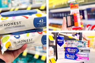 collage image of honest wipes, maybelline makeup, and crest toothpaste
