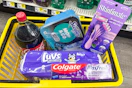 dollar general groceries in yellow shopping basket
