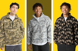 No Boundaries Faux Shearling Pullover in 3 patterns modeled by men