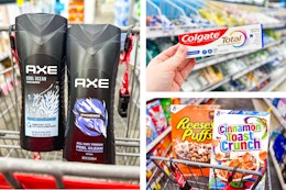 collage image of axe body wash, general mills cereal, and colgate toothpaste