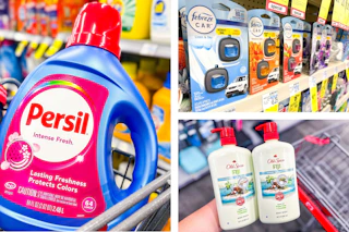 collage image of persil detergent, old spice body wash, and febreze car clips