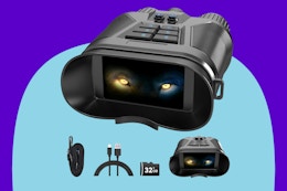 Night Vision Goggles, 4K Night Vision Binoculars on a blue background.
