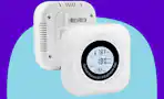 Daffypop Plug-in Carbon Monoxide & Natural Gas Leak Detector on a blue background.