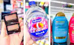 collage image of maybelline eyeshadow, softsoap hand soap, and ogx shampoo