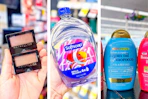 collage image of maybelline eyeshadow, softsoap hand soap, and ogx shampoo