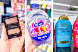 collage image of maybelline eyeshadow, softsoap hand soap, and ogx shampoo