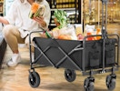 a wagon with groceries in a store 