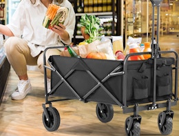 a wagon with groceries in a store 