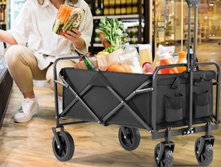 a wagon with groceries in a store 