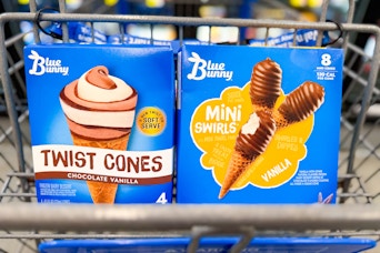 Two boxes of Blue Bunny Ice Cream Cones in Walmart shopping cart