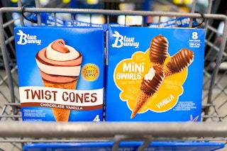 Two boxes of Blue Bunny Ice Cream Cones in Walmart shopping cart