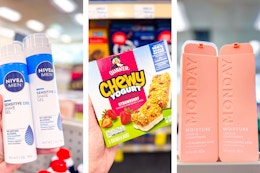 collage image of nivea shave gel, quaker chewy bars, and monday haircare