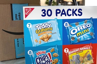 30-pack box of nabisco snacks on counter next to amazon box