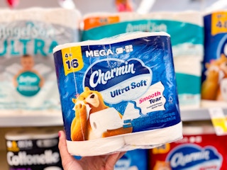 hand holding one pack of Charmin toilet paper