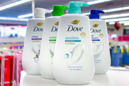 dove pump body wash bottles on a shelf