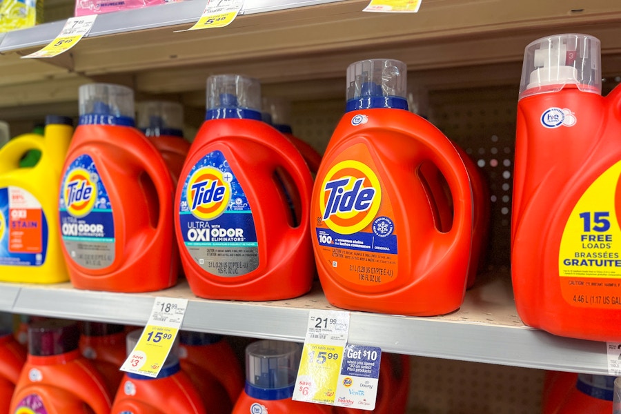 tide detergent bottles on a shelf