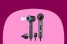 A black ionic high speed hair dryer from two angles, a picture of the auto-off plug, and a directive nozzle