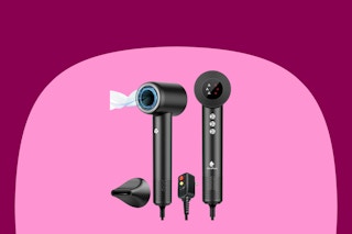 A black ionic high speed hair dryer from two angles, a picture of the auto-off plug, and a directive nozzle