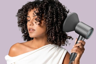 A black ionic high speed hair dryer from two angles, a picture of the auto-off plug, and a directive nozzle