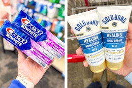 collage image of crest toothpaste and gold bond hand cream