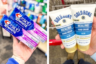 collage image of crest toothpaste and gold bond hand cream