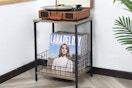 a record player against a wall