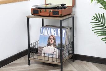 a record player against a wall