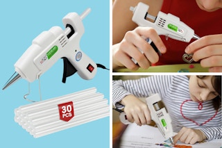 A hot glue gun with 30 glue sticks, two close-ups of people using the hot glue gun